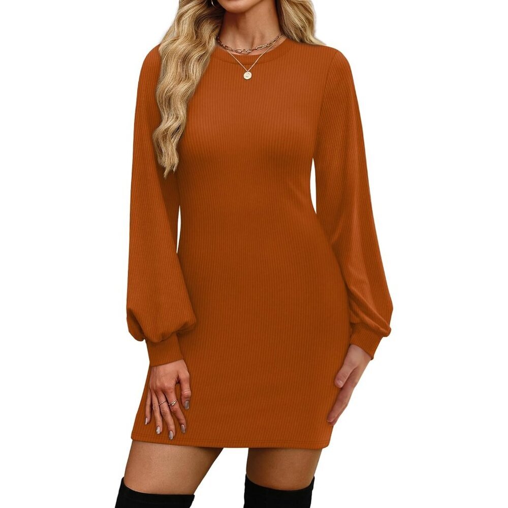 Ofeefan Women Caramel Puff Long Sleeve Crewneck Bodycon Ribbed Sweater Dress